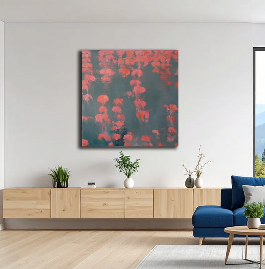 Kleine rote Quallen im Wasser schwebend, quadratisches Format des Gemäldes, an heller Wand hängend über Sideboard