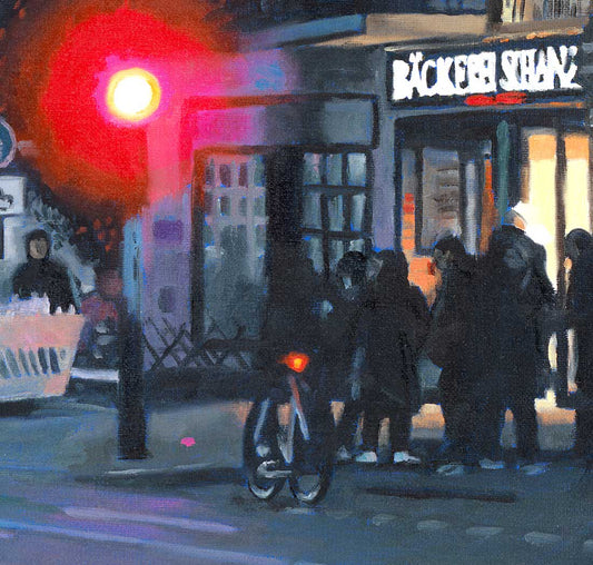 Fineart Print eines Ölgemäldes von Ulla Kutter, Straßenszene in Hamburg, verschiede Ausführungen, Details figuren, Kunst-Direkt.de