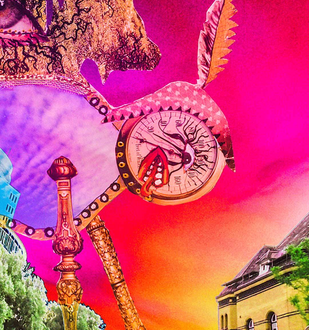 Ein Phantasiewesen läuft durch Hamburg, roter Himmel, digital verfremdet, Details des Phantasiewesens