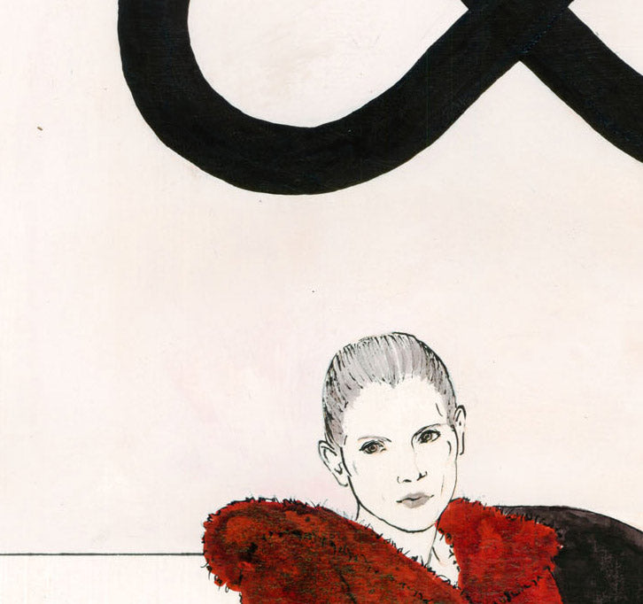 Zeichnung einer Frau in einem Sessel vor dem Bild einer gekippten 8, Detailansicht der Frau