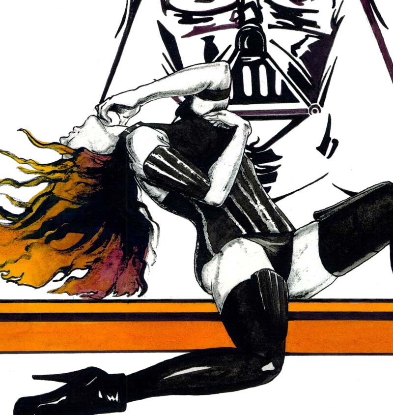 Eve Champagne - zeichnung auf holz, querformat, Zeichnung einer Frau mit Helm, detailansicht