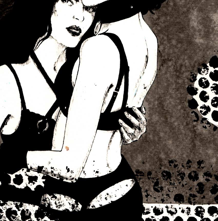 Detail 2 Frauen vor abstraktem Hintergrund, Farben scharz und braun