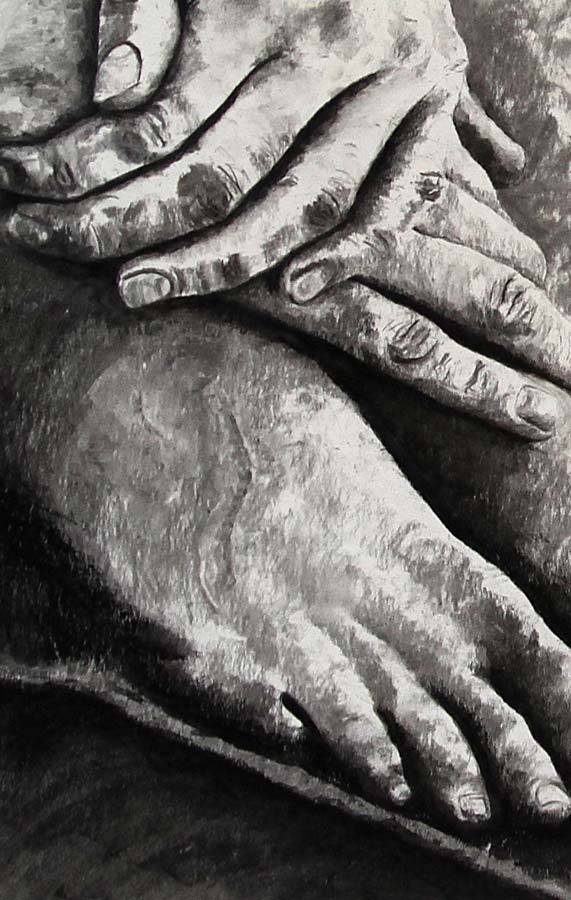 Detailansicht von Hand und Fußzeichnung in schwarzweiß