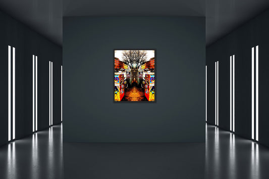 Ansicht Hamburg Kiez, gespiegeltes Foto, in dunklem raum hängend mit vertikalen Lampen