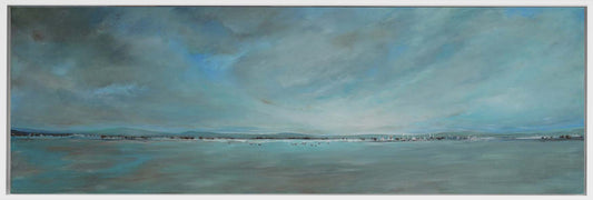 Panoramagemälde, horizont mit Bergen und wolkigem Himmel, blaugrün und beige