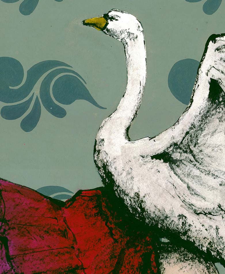 Ein Schwan und eine Frau mit rotem Rock vor grünem Hintergrund, Details Schwan