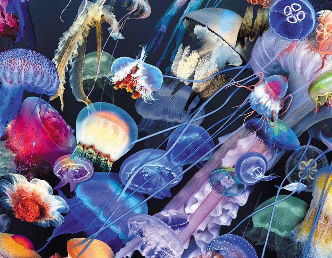 farbige quallen treiben im Wasser, digitales Kunstwerk mit Plastikmüll, 220x125cm, Detail, Gero Paul, Kunst-Direkt.de