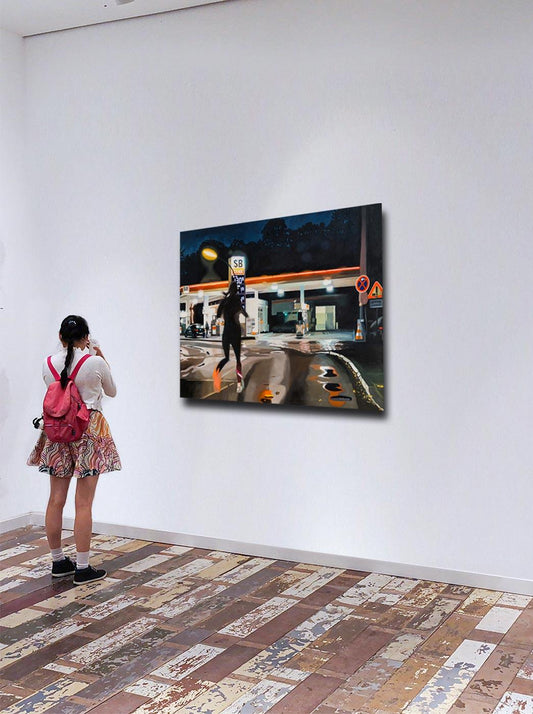 Ölgemälde, Tankstelle in Hamburg bei Nacht, 80 x 100 cm, Ulla Kutter, Kunst-Direkt.de, an wand hängend