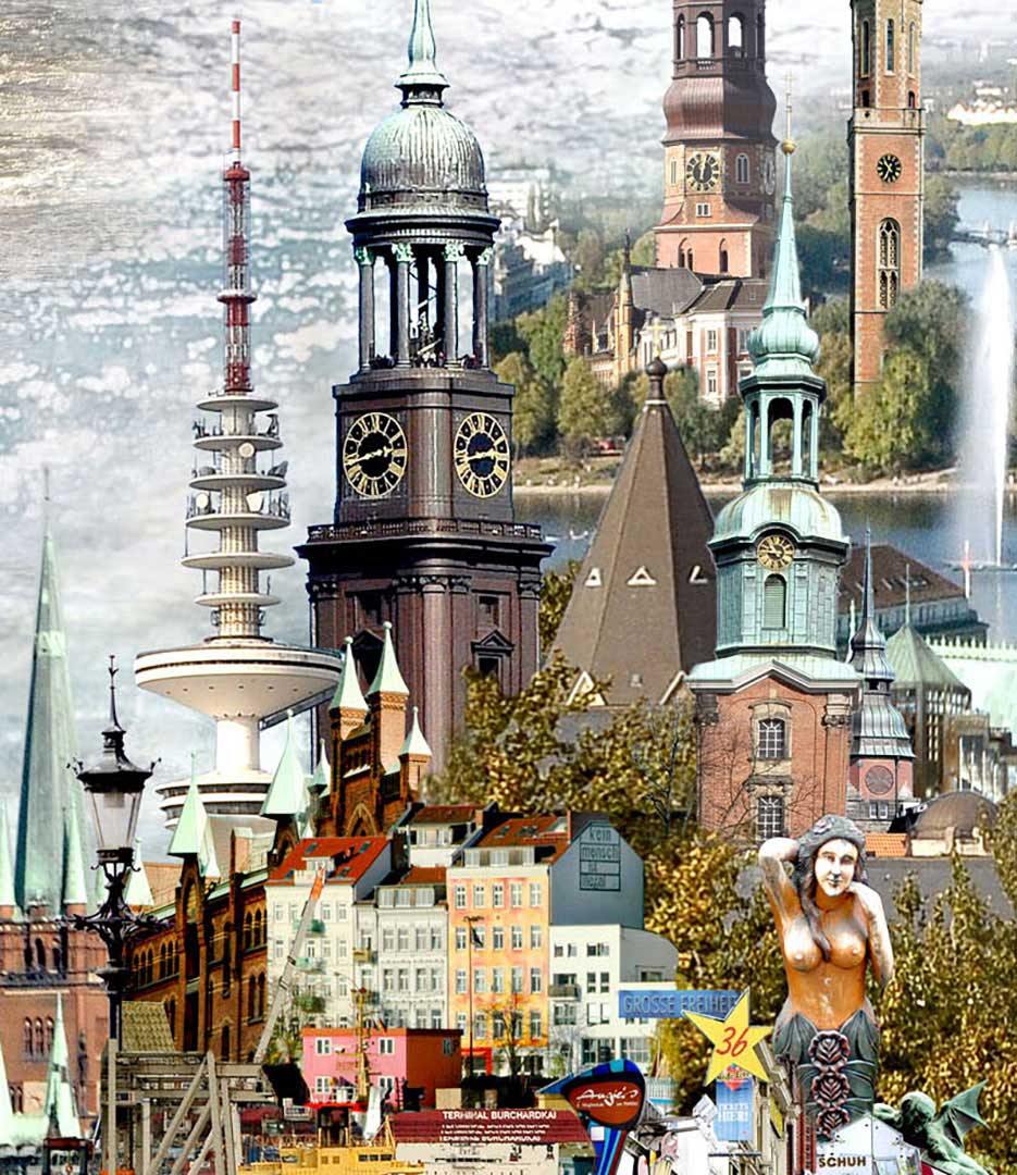 Kombination verschiedener Hamburger Bauwerke mit Elbe und Hafenschlepper, FIneart Print, Details Michel und Funkturm