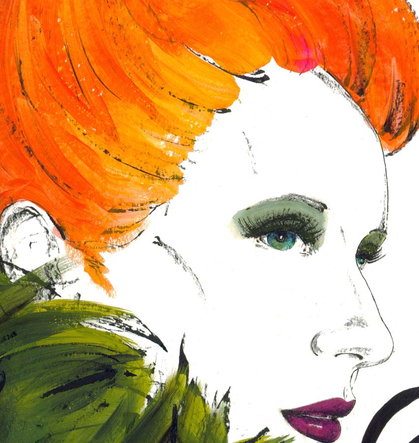 Tonicat la Miez - portrait einer Frau mit orangenen Haaren und grünem pelzkragen, detailansicht