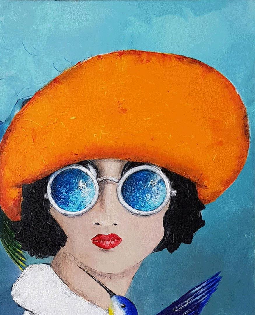 Gemälde Frau mit orangefarbenem Hut und kleinem Vogel, Detail der Frau mit Hut