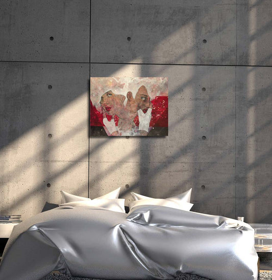 Doppelportrait von 2 Frauen mit handschuhen, an wand hängend