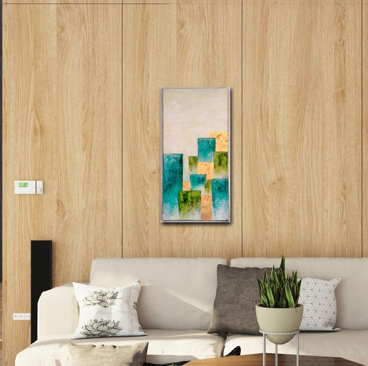 Common City II - Abstrakte Stadtansicht -Acrylgemälde auf Leinwand, hochformat, an holzwand hängend mit Sofa