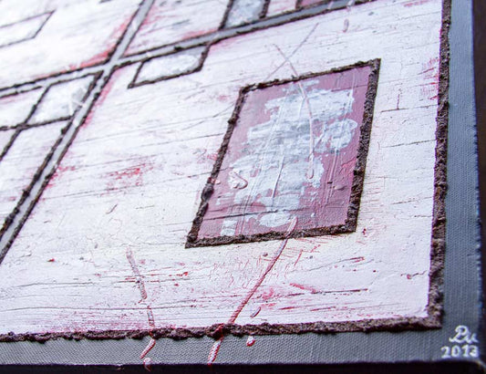 4 quadrate, gemalt, abstrakt, heller Grund mit roten streifen, detailansicht