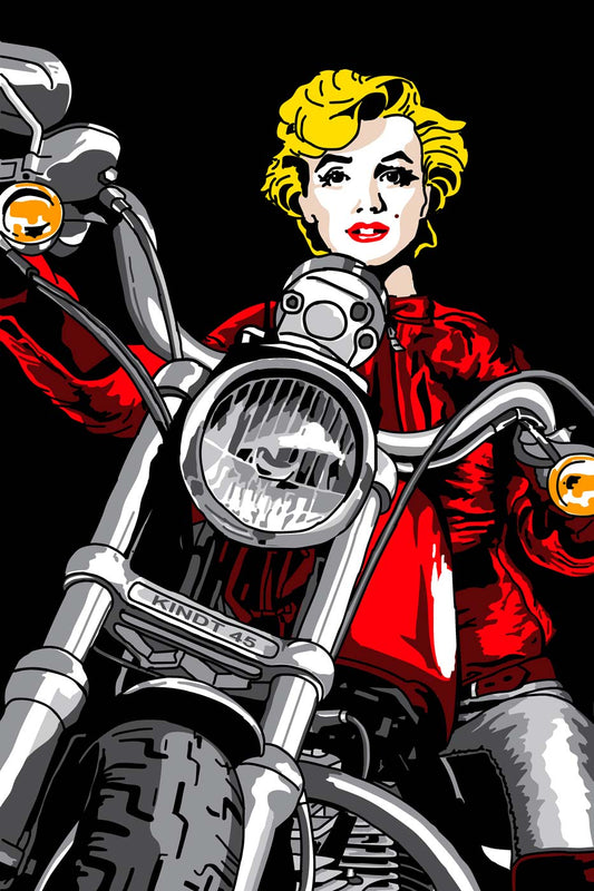 eine blonde Frau im roten Dress sitzt auf einem Motorrad, Popart, Gelb-rot-schwarz
