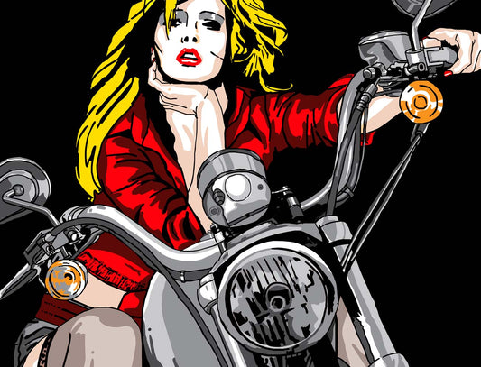 Frau mit roter Jacke und blonden Haaren sitzt auf Motorrad, Gemälde als Fineart Print