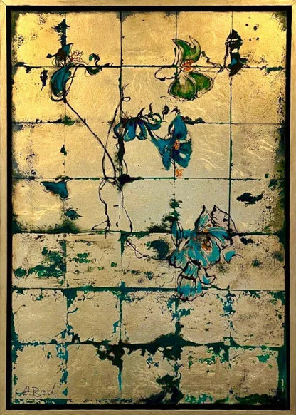 Blattgold und Schlagmetall auf Leinen, goldfarbene Quadrate mit einem feinen Blumenmuster in einem goldfarbenen Rahmen.