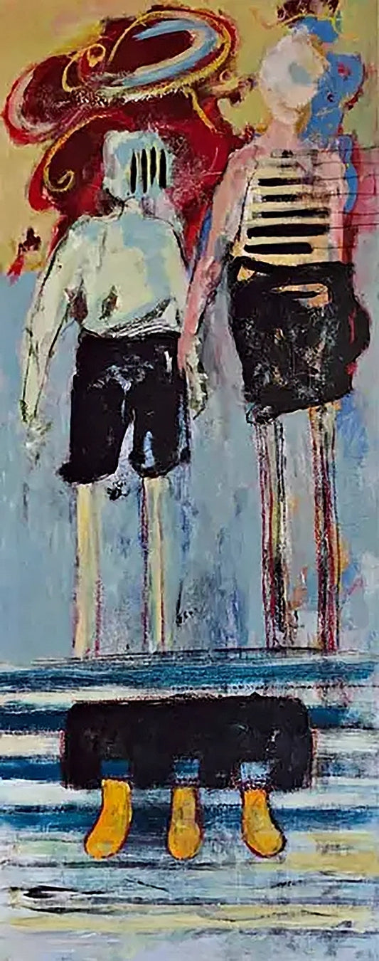 zwei abstrahierte Personen in bunter Strandkleidung im Hochformat, 160 x 60 cm, Annette Brasch, Kunst-Direkt.de, Newart.gallery