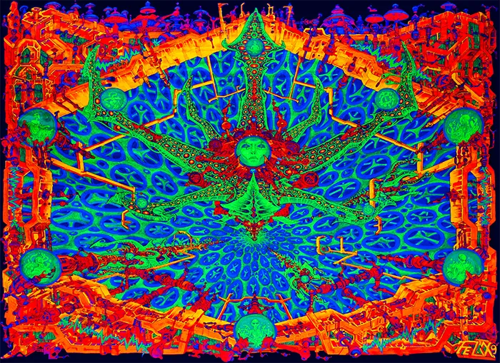 querformat, Farben Neon Grün, Blau, rot, orange, violett, eine Gestalt in der Mitte die Kugeln hält