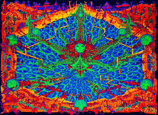 querformat, Farben Neon Grün, Blau, rot, orange, violett, eine Gestalt in der Mitte die Kugeln hält