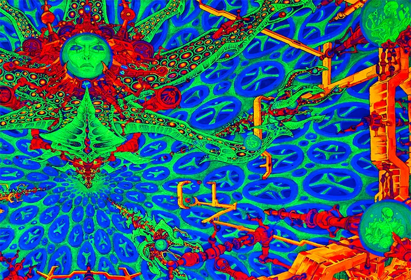 querformat, Farben Neon Grün, Blau, rot, orange, violett, eine Gestalt in der Mitte die Kugeln hält, detail struktur