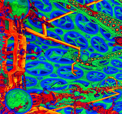 querformat, Farben Neon Grün, Blau, rot, orange, violett, eine Gestalt in der Mitte die Kugeln hält, details struktur