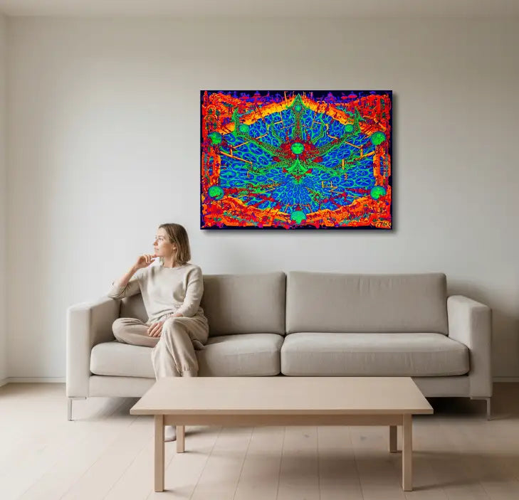 querformat, Farben Neon Grün, Blau, rot, orange, violett, eine Gestalt in der Mitte die Kugeln hält, an heller Wand hängend