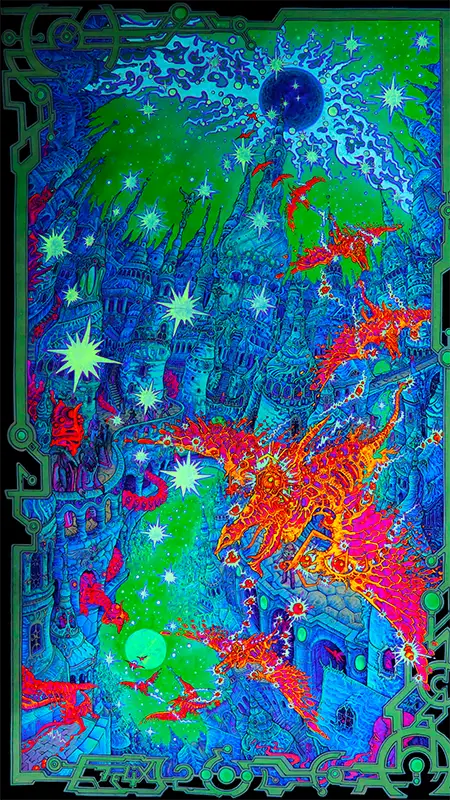 Hochformat, Psychodelische Neonfarben, phantasievoll viele Details, Vögel, ein Schloß, Farben Grünm violett, orange