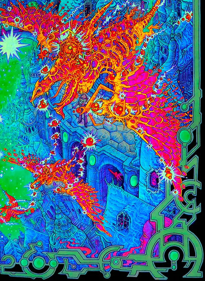 Hochformat, Psychodelische Neonfarben, phantasievoll viele Details, Vögel, ein Schloß, Farben Grünm violett, orange, details