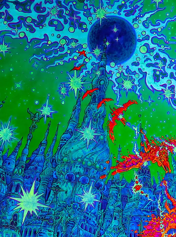 Hochformat, Psychodelische Neonfarben, phantasievoll viele Details, Vögel, ein Schloß, Farben Grünm violett, orange, detail