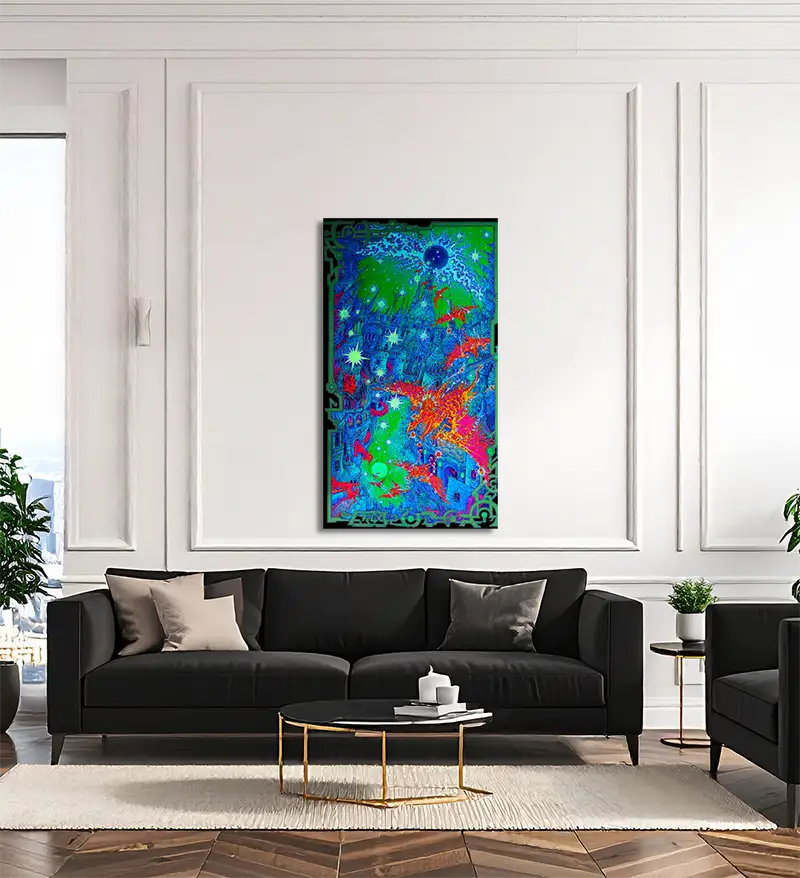 Hochformat, Psychodelische Neonfarben, phantasievoll viele Details, Vögel, ein Schloß, Farben Grünm violett, orange, an heller wand hängend