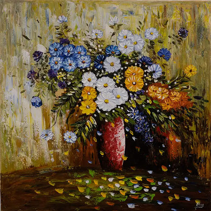 Ein Blumenstrauß mit Sommerblumen steht vor einer gelben Wand, Ölgemälde mit positiver Stimmung