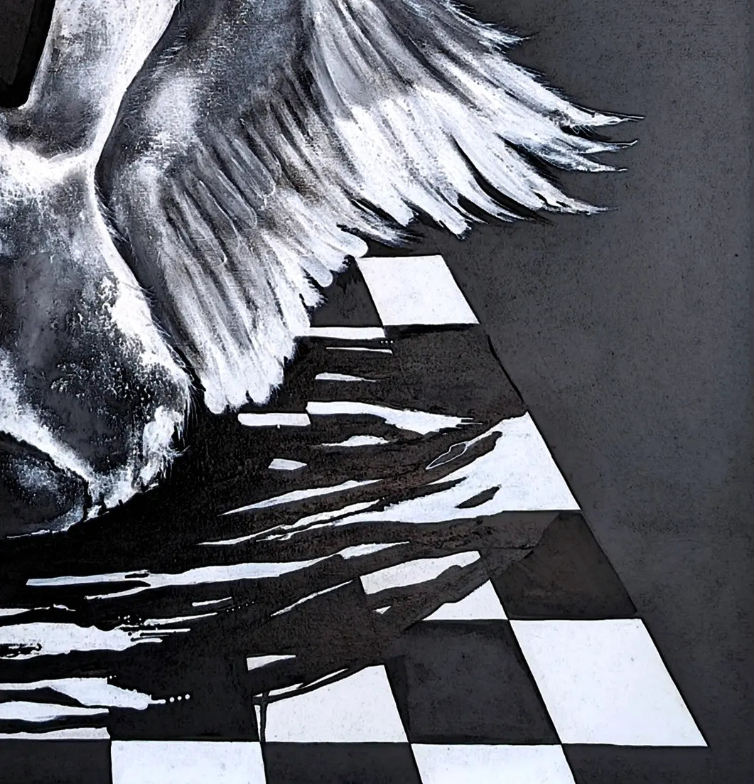 Detailaufnahme Aufbruch – Grafische Schwarz-Weiß-Schwingen des Schwans, skulpturale Präzision, Ute Kleist | Kunst-Direkt.de
