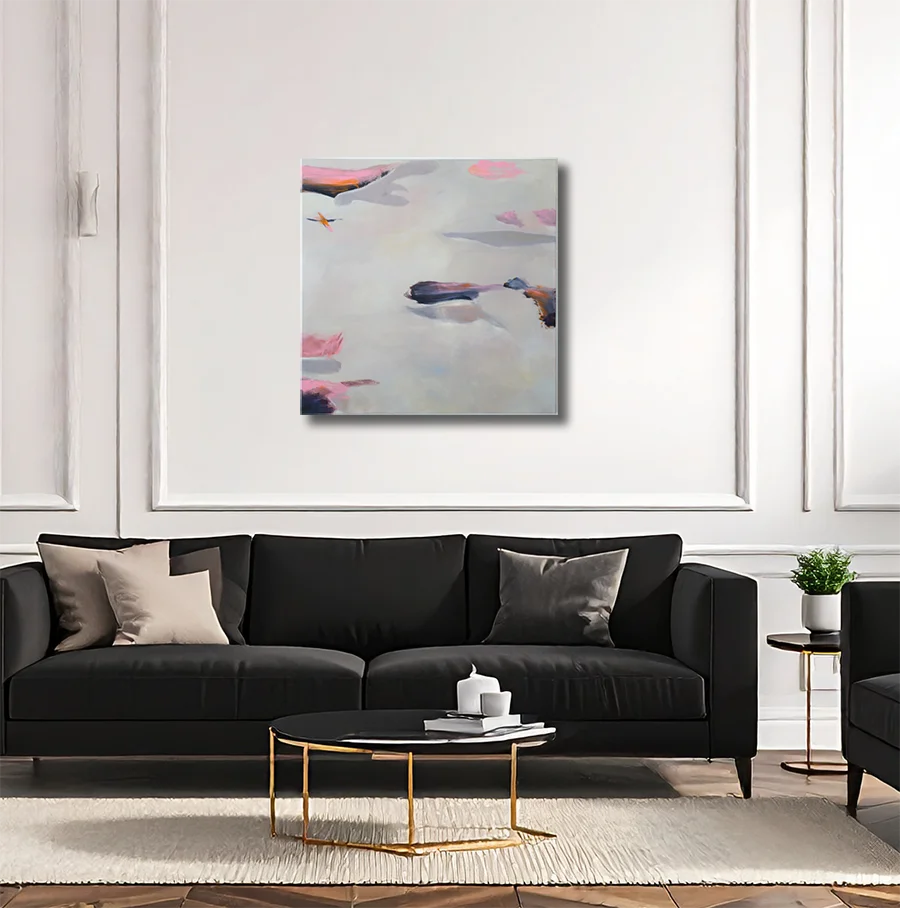 quadratisches Gemälde eines Strandes mit Steinen und Sand, an wand hängend, abstrahiert, 100 x 100 cm, Marion Schmidtke, Kunst-Direkt.de 