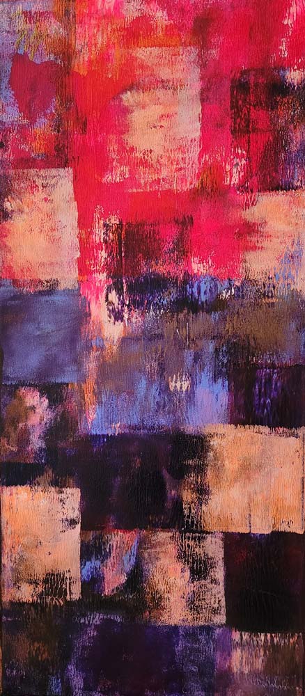 Detailansicht des abstrakten Bildes mit roten, blauen orangen und schwarzen Farbflächen.