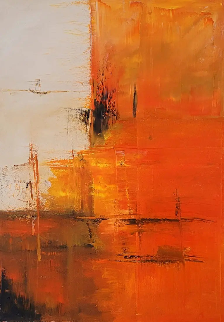 Abendtörn – Abstraktes Ölgemälde von Roger Ziereisen, 70x50 cm, Spachteltechnik in Glutrot und Orange,
Kunst-Direkt.de