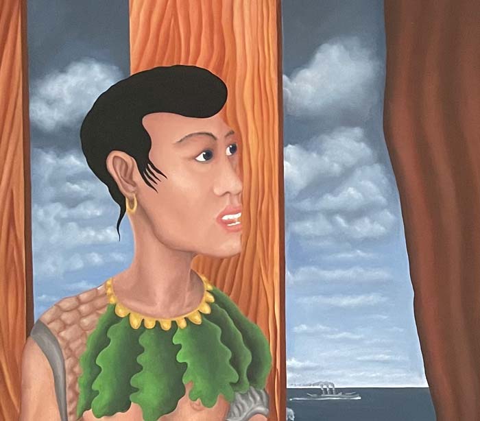 Oelgemaelde auf HDF Platte von Jochen Meyer, 2 Männer in Trachten, Surreal, 57 x 90 cm, Jochen Meyer, Kunst-Direkt.de, detail der Struktur