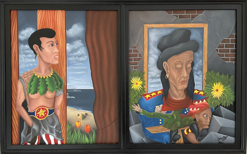 Oelgemaelde auf HDF Platte von Jochen Meyer, 2 Männer in Trachten, Surreal, 57 x 90 cm, Jochen Meyer, Kunst-Direkt.de