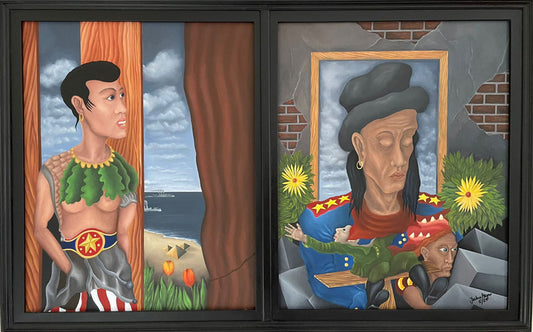 Oelgemaelde auf HDF Platte von Jochen Meyer, 2 Männer in Trachten, Surreal, 57 x 90 cm, Jochen Meyer, Kunst-Direkt.de