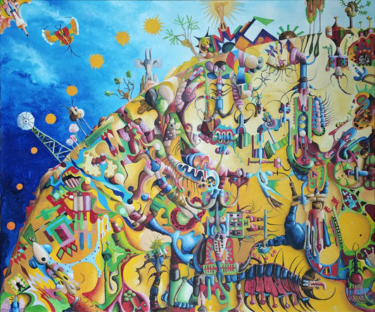 African Sun – Ölgemälde von Dieter Roth, 100x120 cm, surreale Wimmelkunst, afrikanische Sonne in Sonnengelb und Ultramarin, Unikat 2015 | Kunst-Direkt.de
