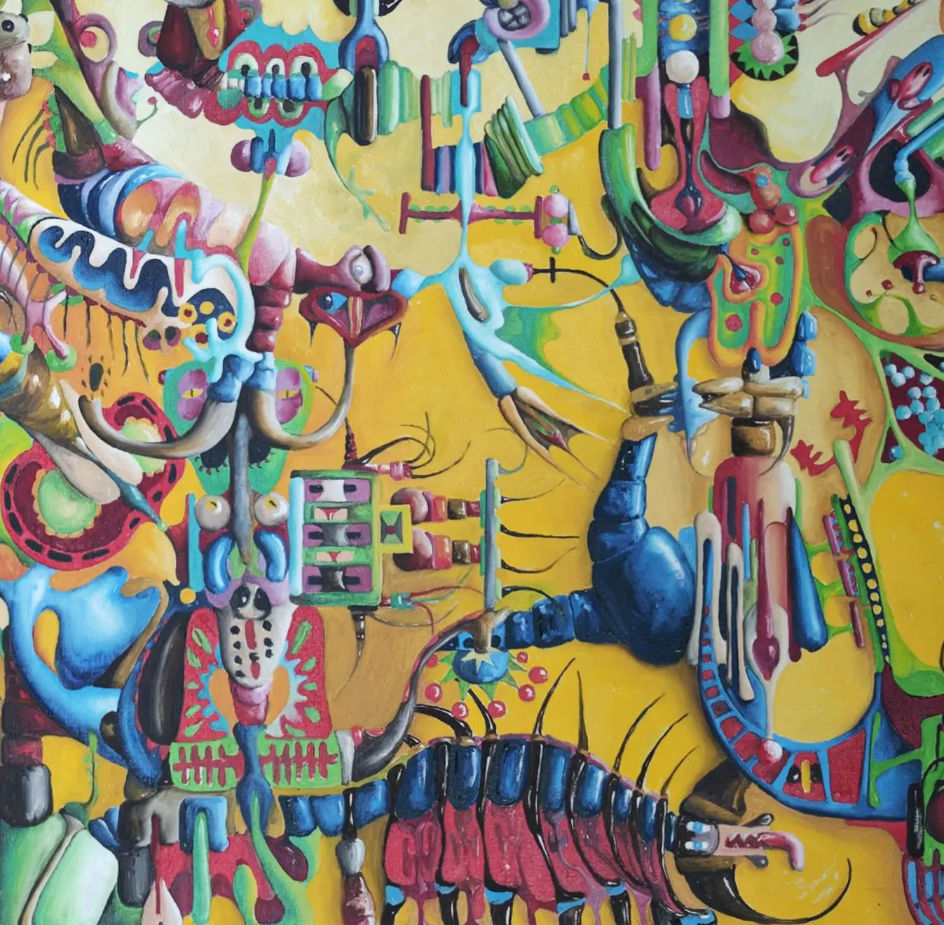 Detailaufnahme African Sun – Schmetterlingsähnliche Kreatur am Himmel, maskenartige Stammeskunst-Elemente, leuchtende Farbschichtung, Dieter Roth | Kunst-Direkt.de
