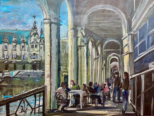 Original Hamburg Gemälde der Alster-Arkaden von Dea (Andrea) Theinert: Impressionistische Szene mit Blick auf das Rathaus, Café-Besucher unter den weißen Rundbögen, 80x60 cm in lebendiger Spachteltechnik.
