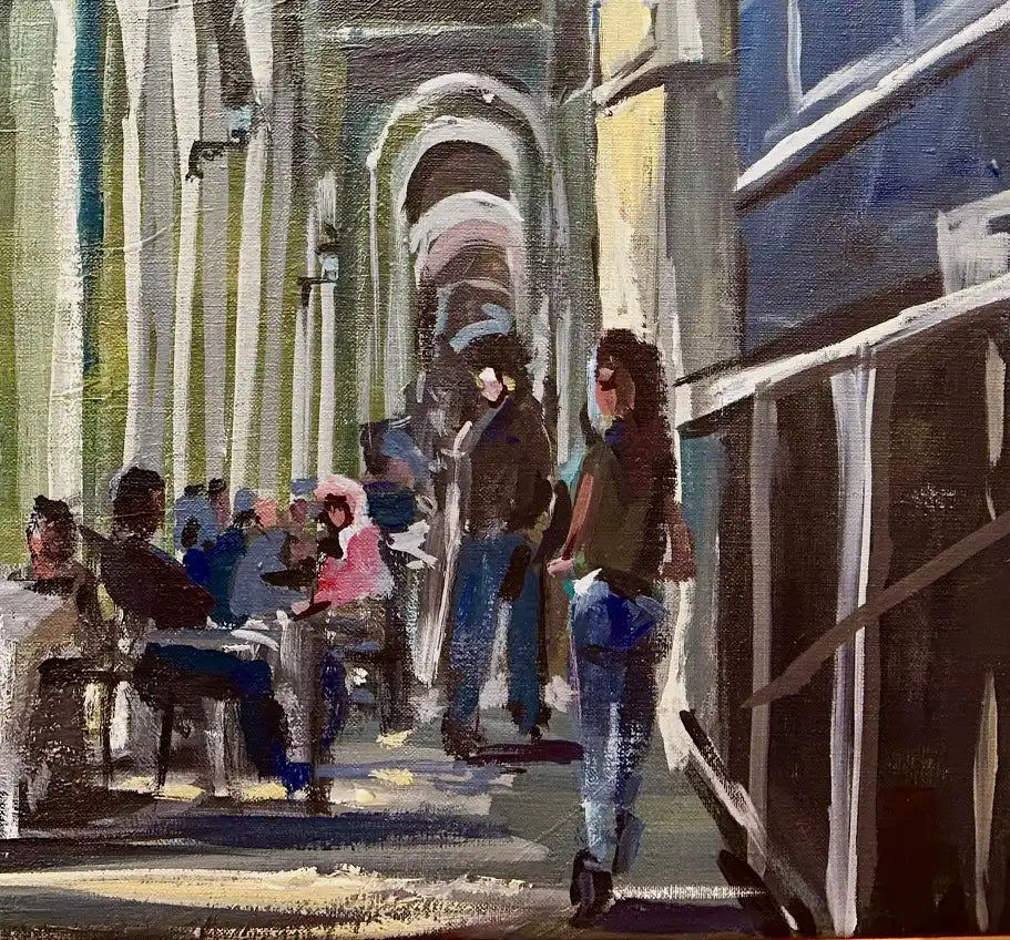 Original Hamburg Gemälde der Alster-Arkaden von Dea (Andrea) Theinert: Impressionistische Szene mit Blick auf das Rathaus, Café-Besucher unter den weißen Rundbögen, 80x60 cm in lebendiger Spachteltechnik. Detail arkaden