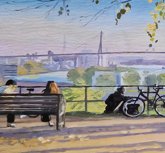 ein großer grüner Baum, Blick auf den Hamburger Hafen mit Köhlbrandbrücke, Detail der Köhlbrandbrücke