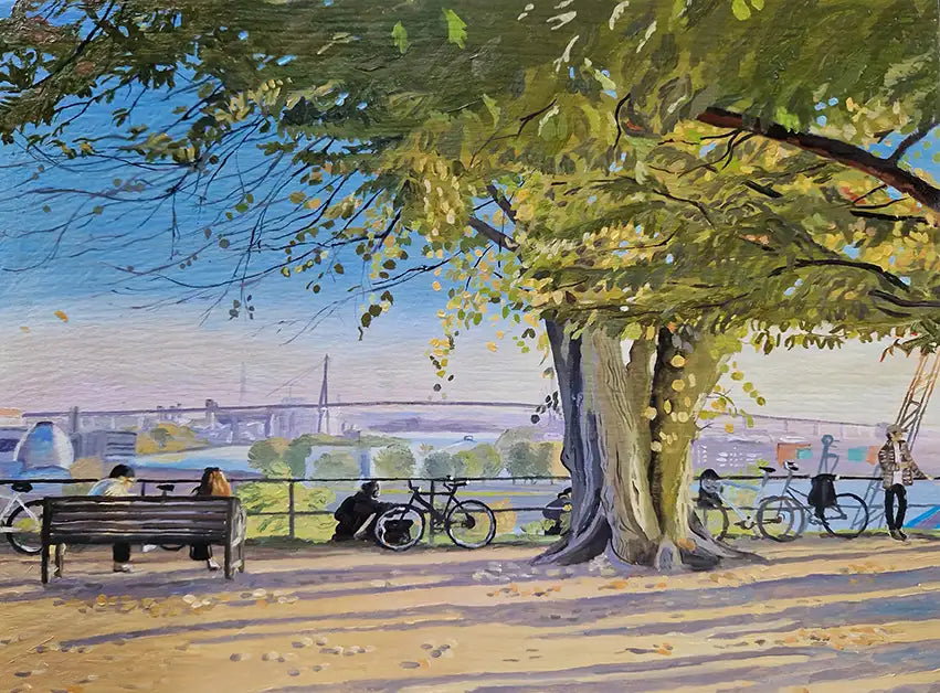ölgemälde, ein großer grüner Baum, Blick auf den Hamburger Hafen mit Köhlbrandbrücke, 40 x 30 cm, Ulla Kutter, Kunst-Direkt.de