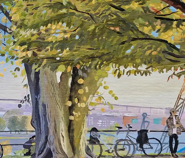 ölgemälde, ein großer grüner Baum, Blick auf den Hamburger Hafen mit Köhlbrandbrücke, details baum, 40 x 30 cm, Ulla Kutter, Kunst-Direkt.de