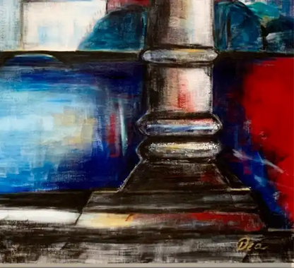 Großformatiges Hamburg Gemälde der Außenalster bei Nacht von Künstlerin Dea: Historische Laterne im Vordergrund, Skyline mit Kirchtürmen in Blau & Gold, 100x100 cm. Detail Lampe