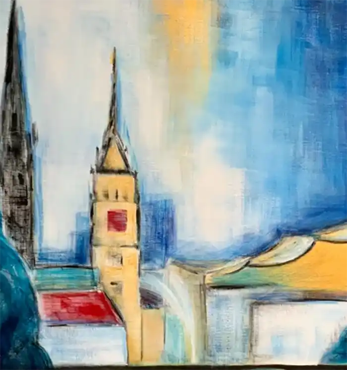 Großformatiges Hamburg Gemälde der Außenalster bei Nacht von Künstlerin Dea: Historische Laterne im Vordergrund, Skyline mit Kirchtürmen in Blau & Gold, 100x100 cm. Detail Kirchturm