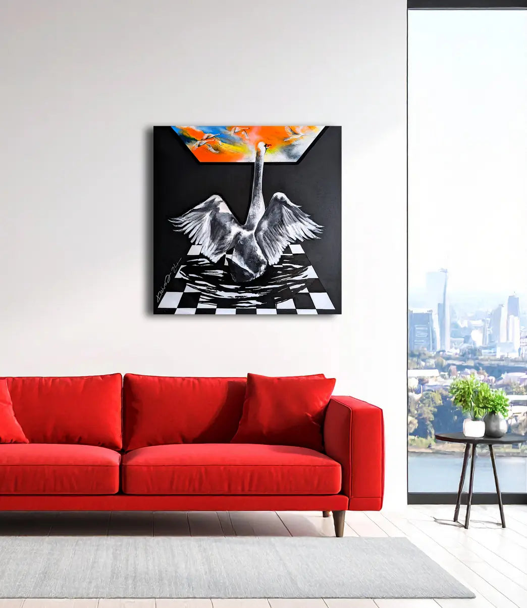 Aufbruch von Ute Kleist an der Wand – Expressionistisches Öl- und Acrylgemälde, 120x120 cm, Schwan zwischen Struktur und Freiheit | Kunst-Direkt.de

