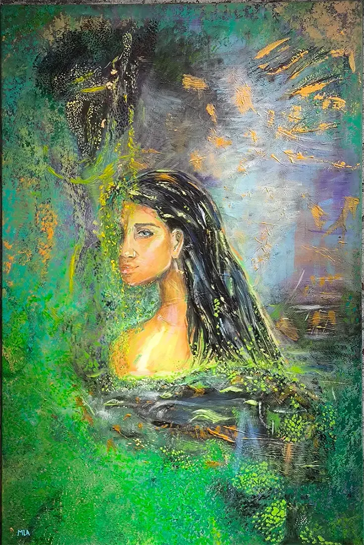 Aufgetaucht– Acrylgemälde mit Blattgold von Maren Lüke-Amato, 70x100 cm, mystisches Frauenporträt im smaragdgrünen Naturgeflecht | Kunst-Direkt.de
